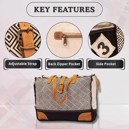 Rajeriya SEL de MER Upcycled Canvas & Leather Shoulder Tote Bag for Women, Durable Eco-Friendly Design, Spacious Everyday Handbag for Travel & Work, Black & White