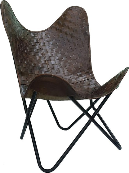 Shy Shy Let’s Touch The Sky Leather Living Room Chairs-Butterfly Chair Brown Leather Butterfly Chair-Handmade with Powder Coated Folding Iron Frame (Cover with Folding Frame) (Black Iron Frame)