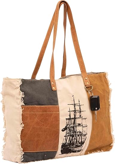 Bags SEL de MER Large Shoulder Bag & Cowhide Tote, Upcycled Canvas & Cowhide Leather Handbag Bag for Women