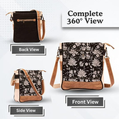 RAJERIYA Bags SEL de MER Upcycled Blossom Print Canvas & Leather Shoulder Bag, Canvas Crossbody Bags for Women (Black)