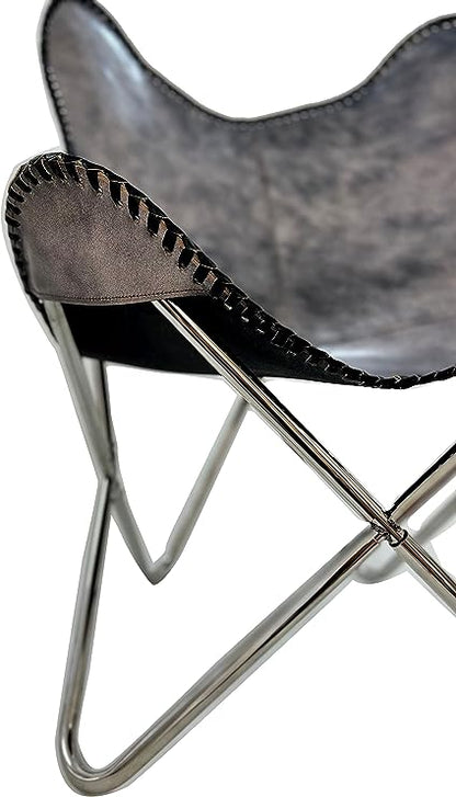 Leather Butterfly Patio Chair for Living Room Furniture - Accent Home Decor Lounge Chairs (Antique Cover with Silver Folding Frame)