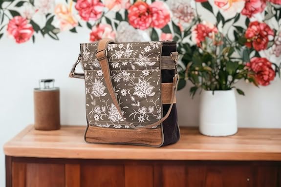 Bags SEL de MER Upcycled Blossom Print Canvas & Leather Shoulder Bag, Canvas Crossbody Bags for Women