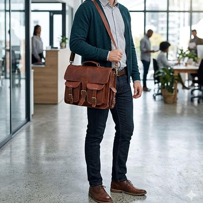RAJERIYA | Distressed Leather Messenger Bag 18 Inch Vintage Laptop Briefcase Crossbody Shoulder Satchel for Men – Brown