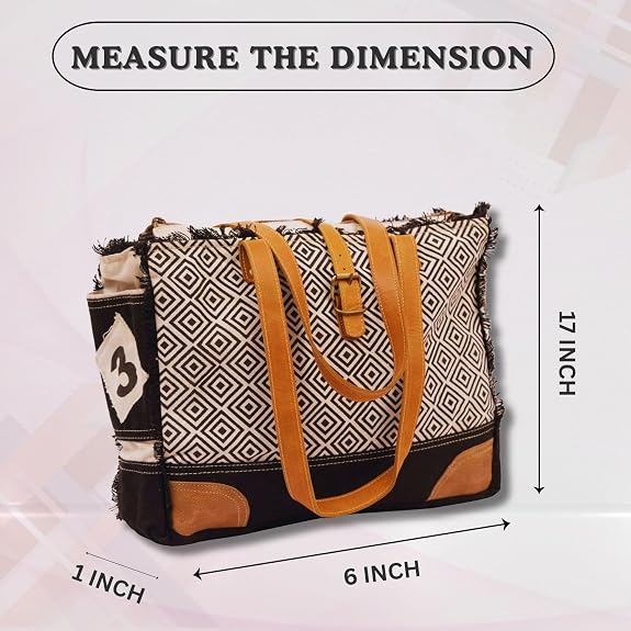 Rajeriya SEL de MER Upcycled Canvas & Leather Shoulder Tote Bag for Women, Durable Eco-Friendly Design, Spacious Everyday Handbag for Travel & Work, Black & White
