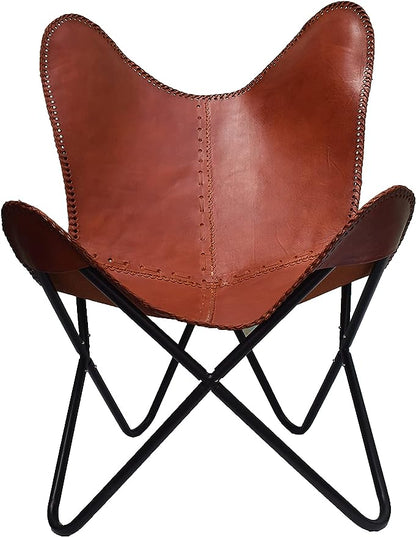 Leather Butterfly Chair-Handmade with Powder Coated Folding Iron Frame (Cover with Folding Frame) (Black Frame) (TAN)