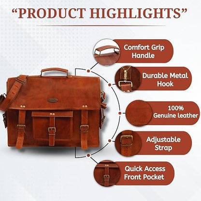 Rajeriya Vintage Leather Laptop Bag for Men, Full Grain 18 Inch Large Messenger Bag, Rustic Leather Briefcase for Office & Travel, Brown