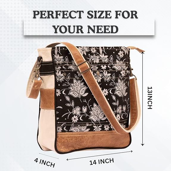 RAJERIYA Bags SEL de MER Upcycled Blossom Print Canvas & Leather Shoulder Bag, Canvas Crossbody Bags for Women (Black)