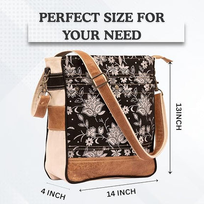 RAJERIYA Bags SEL de MER Upcycled Blossom Print Canvas & Leather Shoulder Bag, Canvas Crossbody Bags for Women (Black)