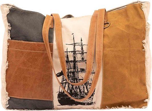 Bags SEL de MER Large Shoulder Bag & Cowhide Tote, Upcycled Canvas & Cowhide Leather Handbag Bag for Women