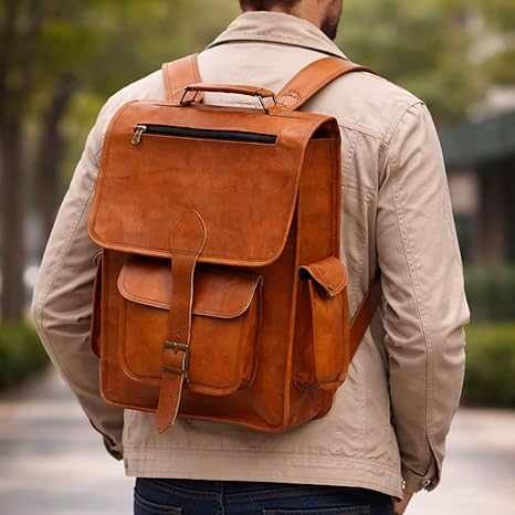 Rajeriya Leather Backpack Messenger Bag, Vintage Lightweight Laptop Rucksack, 16 Inch College & Travel Sling Bag for Men & Women, Brown