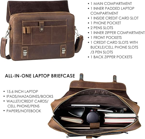 Leather Messenger 15.6 inch Bag Genuine Leather Briefcase for Men Flap over Satchel Leather Messenger Laptop Bag