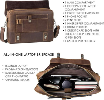 Leather Messenger 15.6 inch Bag Genuine Leather Briefcase for Men Flap over Satchel Leather Messenger Laptop Bag