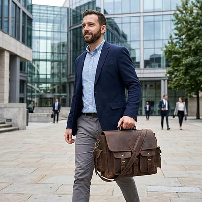 RAJERIYA | Retro Buffalo Hunter Leather Messenger Bag 16 Inch – Laptop Briefcase for Office & College (Fits up to 15.6 Inch) Dark Coffee