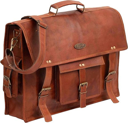 Rajeriya Vintage Leather Laptop Bag for Men, Full Grain 18 Inch Large Messenger Bag, Rustic Leather Briefcase for Office & Travel, Brown