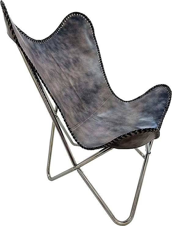 Leather Butterfly Patio Chair for Living Room Furniture - Accent Home Decor Lounge Chairs (Antique Cover with Silver Folding Frame)