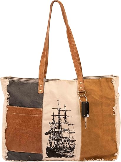 Bags SEL de MER Large Shoulder Bag & Cowhide Tote, Upcycled Canvas & Cowhide Leather Handbag Bag for Women