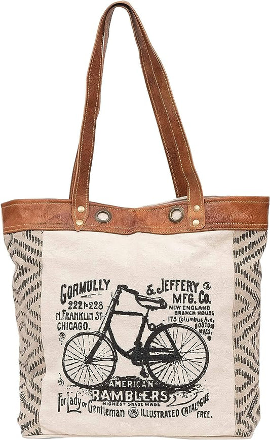 Leather Bags Bicycle Upcycled Canvas Tote Bag White Tan, Khaki, Brown