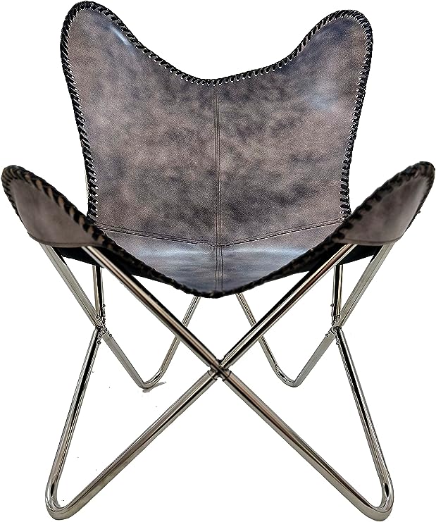 Leather Butterfly Patio Chair for Living Room Furniture - Accent Home Decor Lounge Chairs (Antique Cover with Silver Folding Frame)