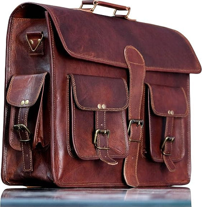 Leather Messenger Bag Brown 18 Inch Air Cabin Briefcase Distressed Computer Shoulder Large School Bag Crossbody Laptop Satchel