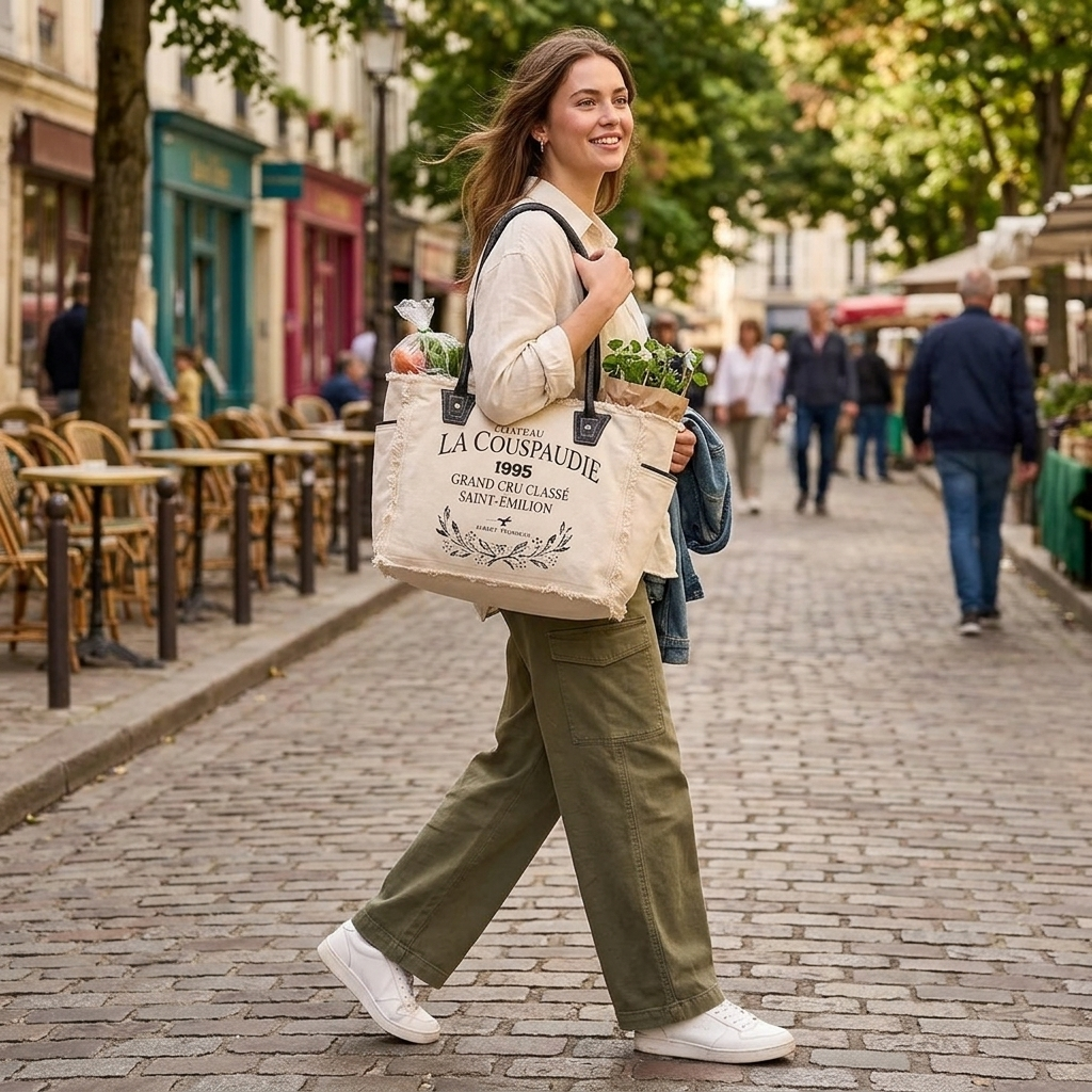 Rajeriya Sel De Mer Upcycled Canvas & Cowhide Tote Bag for Women, Durable Handbag with Premium Leather Trim, Stylish Everyday Carry & Travel Use, White