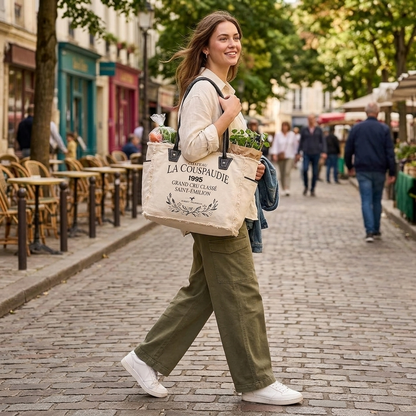 Rajeriya Sel De Mer Upcycled Canvas & Cowhide Tote Bag for Women, Durable Handbag with Premium Leather Trim, Stylish Everyday Carry & Travel Use, White