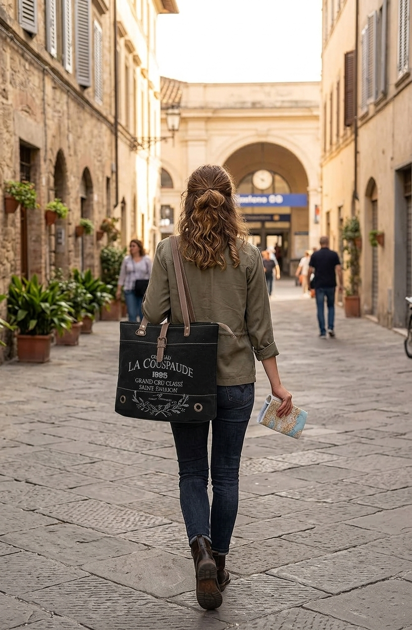 Rajeriya Upcycled Canvas & Cowhide Tote Bag for Women, Durable Handmade Handbag with Leather Trim, Eco-Friendly Daily Use Shoulder Bag, Black