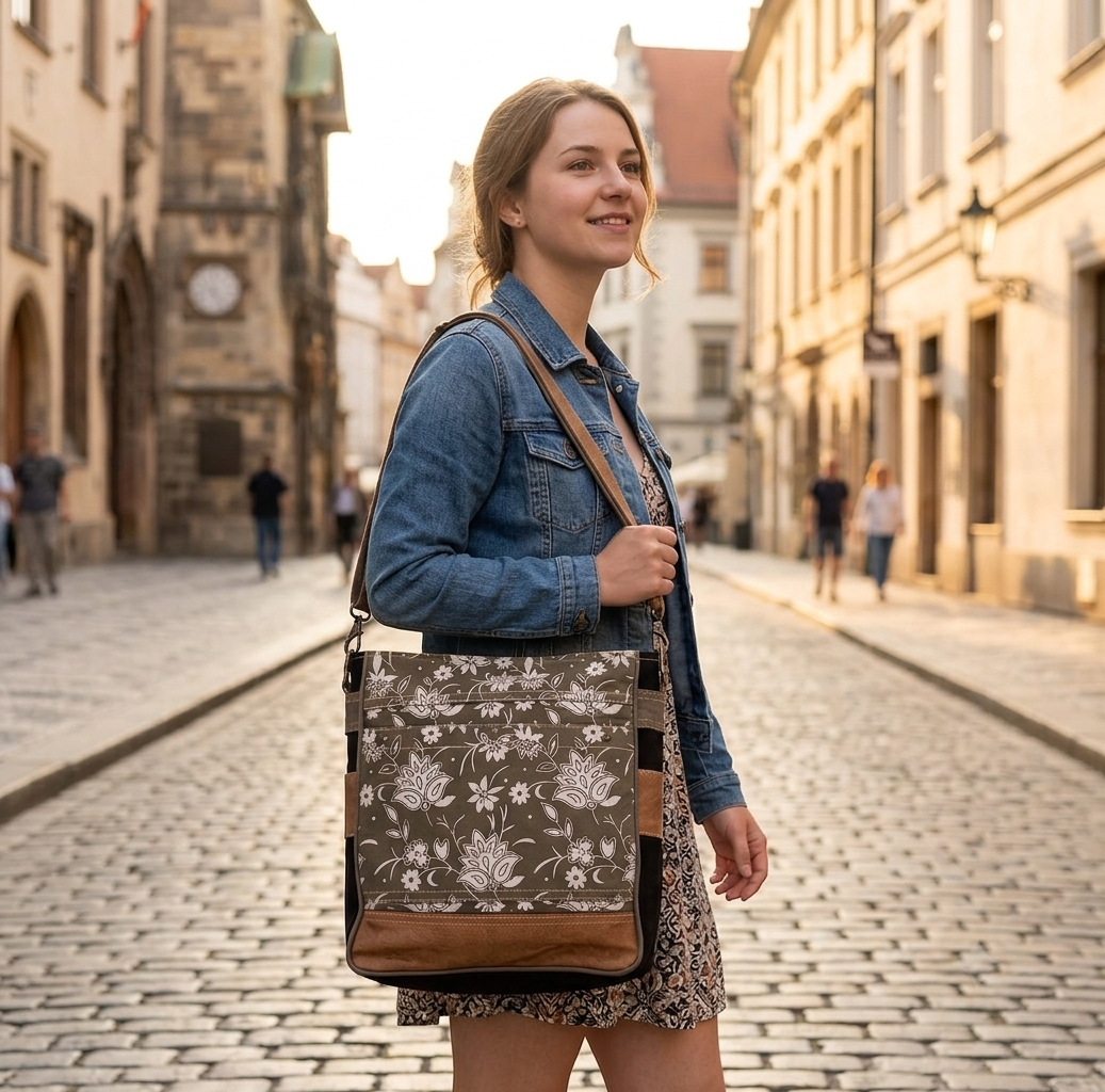 Rajeriya SEL de MER Canvas & Leather Shoulder Bag, Upcycled Blossom Print Crossbody for Women, Durable Lightweight Everyday Travel Bag, Grey Blossom