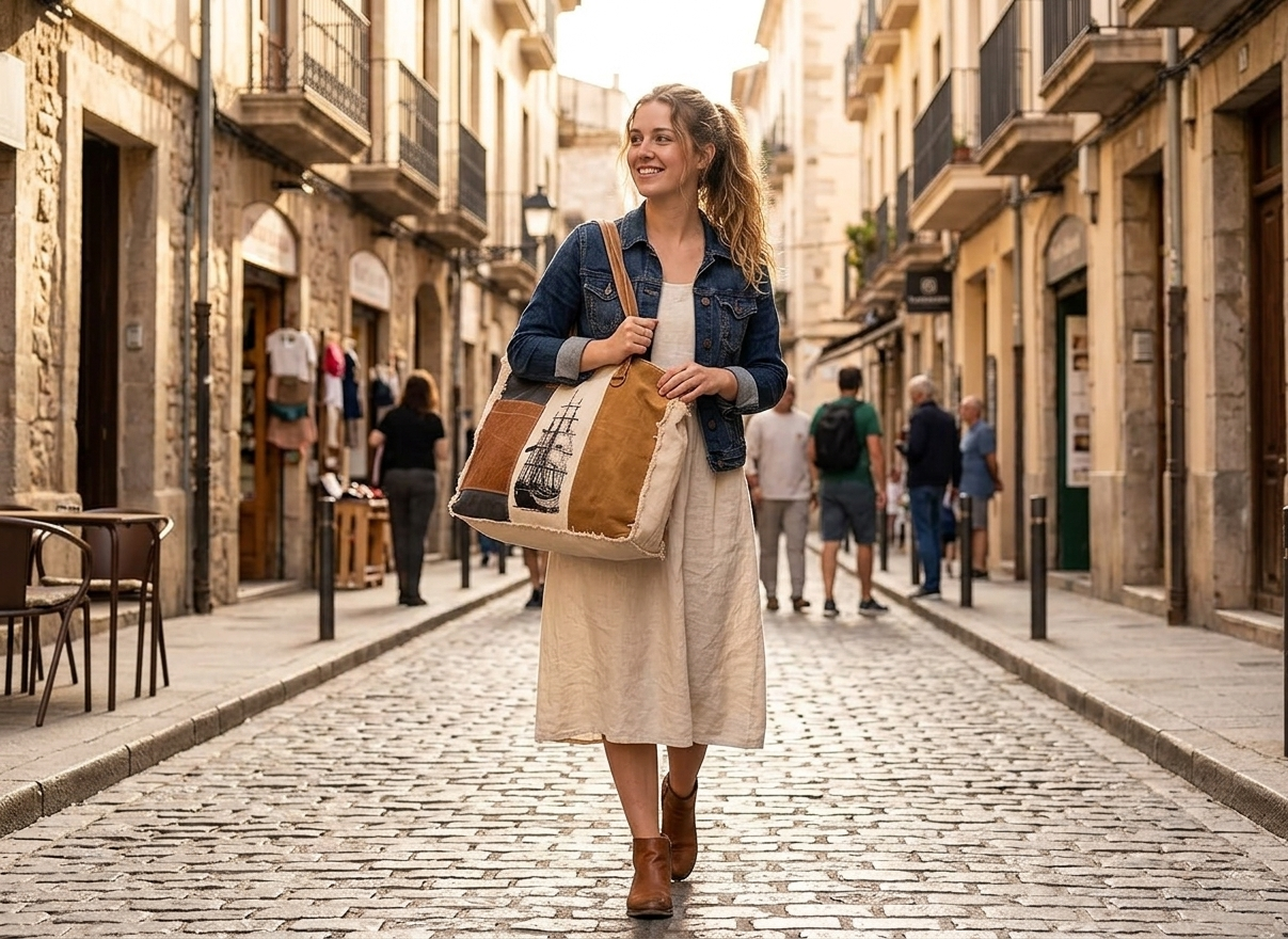 Rajeriya SEL DE MER Large Shoulder Bag & Cowhide Tote for Women, Upcycled Canvas & Genuine Leather Handbag for Daily Use & Travel, Tan Brown & cream