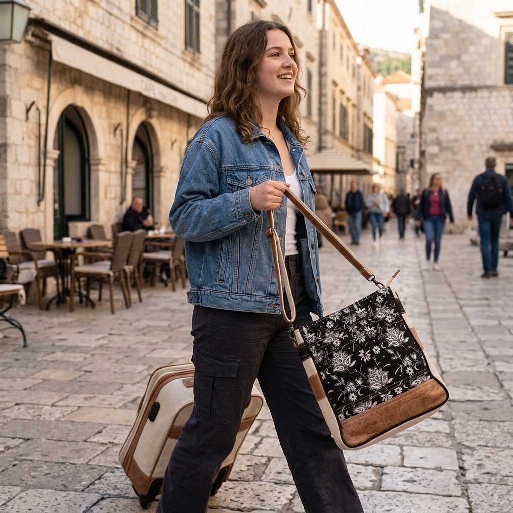 RAJERIYA Bags SEL de MER Upcycled Blossom Print Canvas & Leather Shoulder Bag, Canvas Crossbody Bags for Women (Black)