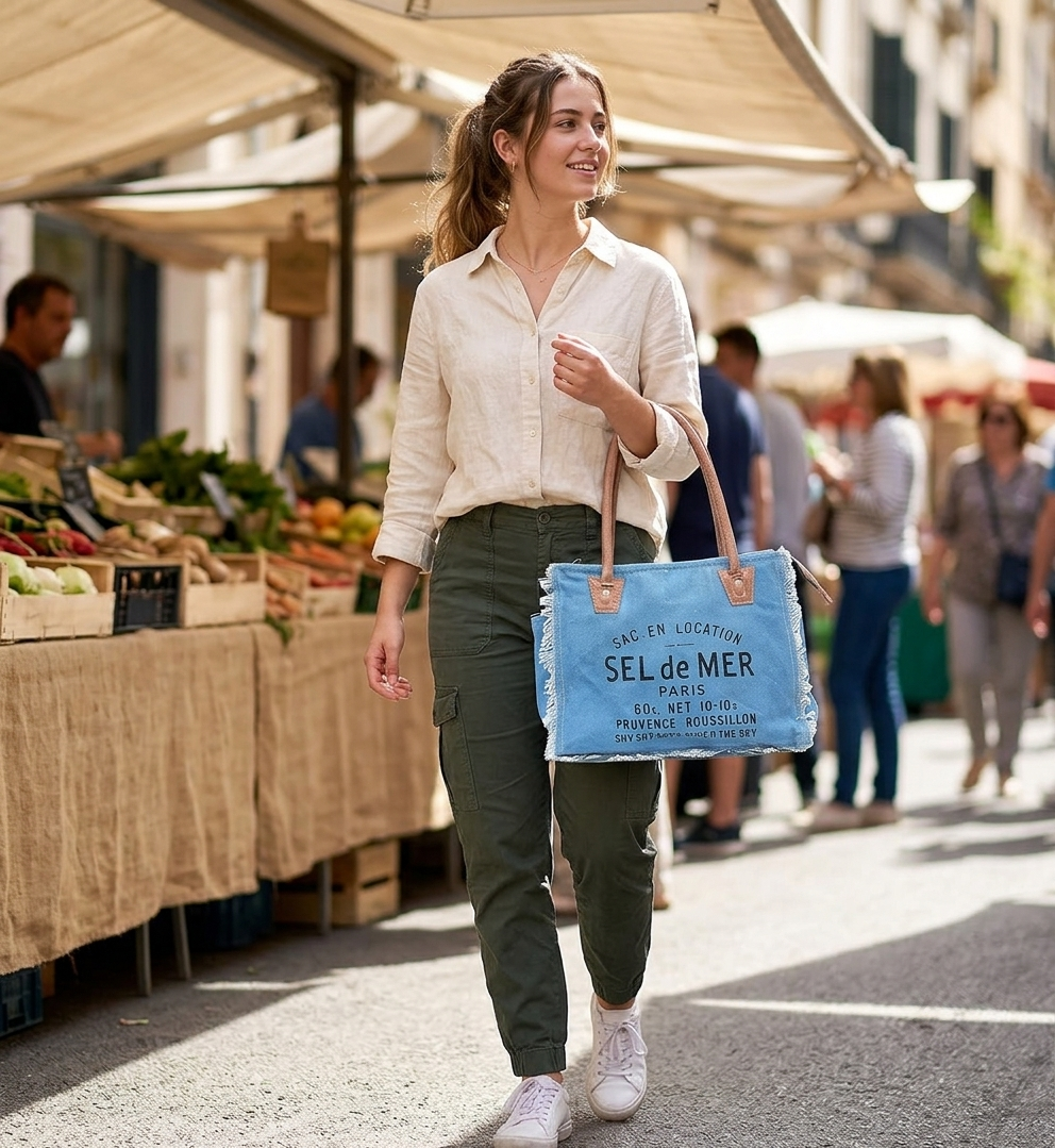 Rajeriya Sel De Mer Upcycled Canvas Tote Bag, Canvas & Cowhide Leather Handbag for Women, Durable Eco-Friendly Design for Daily Use & Travel, Blue