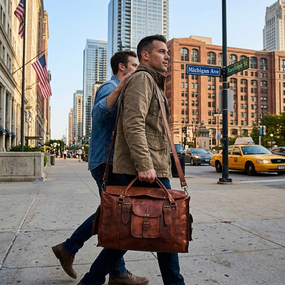 Rajeriya Leather Duffel Bag Retro Style Carry-On Luggage Flap Design Distressed Finish for Men & Women Durable Travel & Gym Use Brown