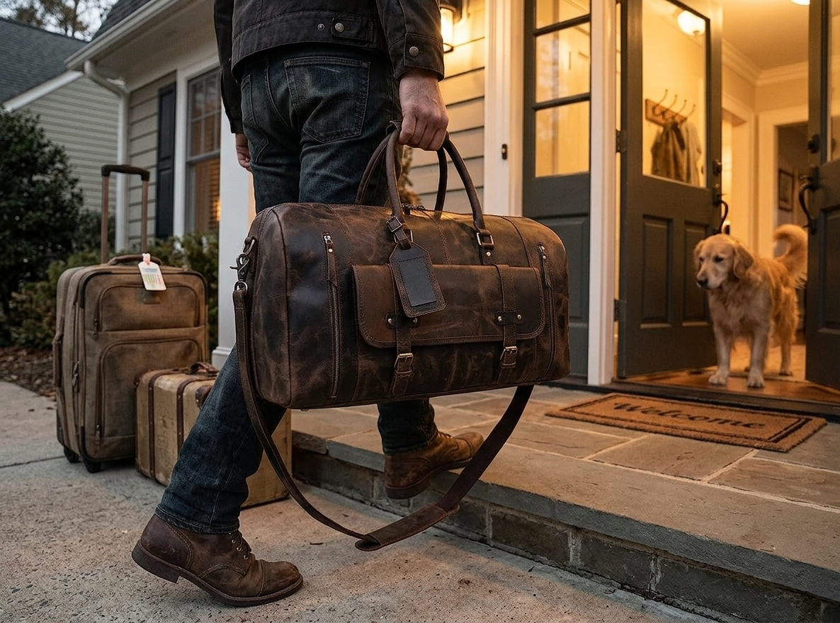 Rajeriya Leather Duffel Bag 24 Inch Genuine Leather Men Travel Bag, Large Capacity Durable Overnight Weekend Gym Sports Duffel, Brown