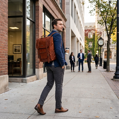 Rajeriya Leather Backpack 16 Inch, Vintage Genuine Leather Laptop Backpack for Men & Women, Push Lock Closure, Padded Laptop Compartment, Travel Office Daily Use, Brown