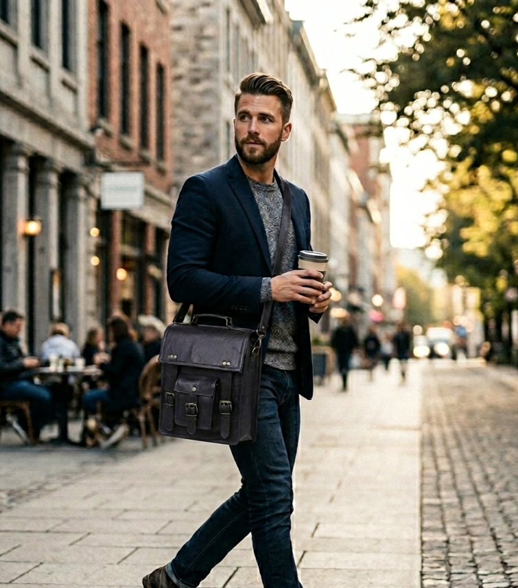 Rajeriya Leather Messenger Bag Crossbody, 13-15 Inch Laptop Compatible for Men & Women, Vintage Twilight Design, Adjustable Strap, Travel & Office Use, Dark Brown