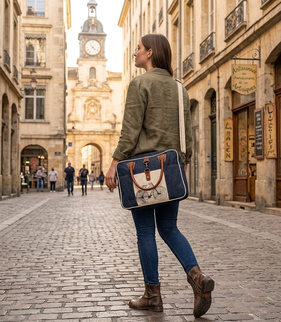 Rajeriya Upcycled Canvas & Cowhide Tote Bag, Handmade Canvas Leather Shoulder Handbag for Women, Durable Eco-Friendly Travel & Daily Use Bag, Blue