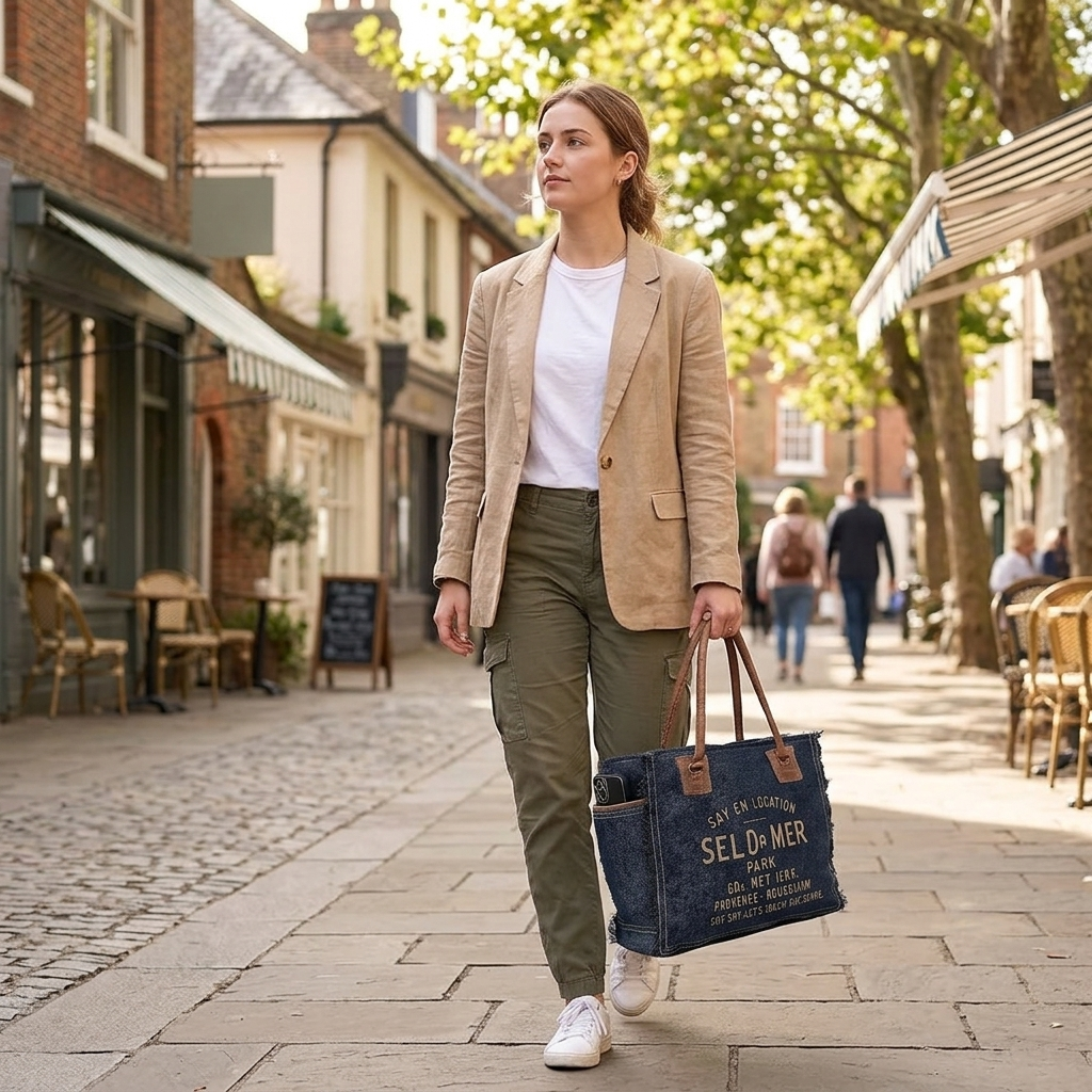 Rajeriya Sel De Mer Upcycled Canvas Tote Bag, Canvas & Cowhide Leather Handbag for Women, Durable Eco-Friendly Design for Daily Use & Travel, Radiant