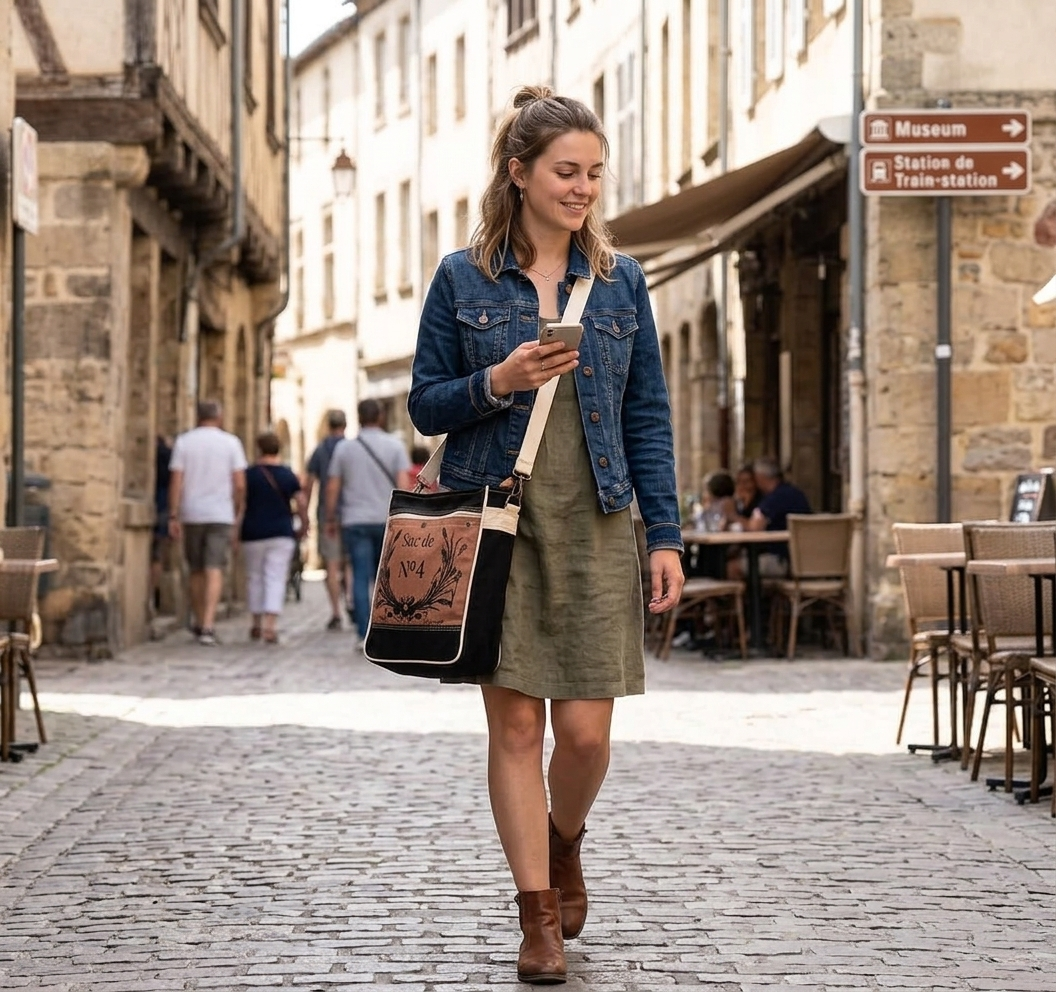 Rajeriya Debonair Shoulder Bag for Women, Upcycled Canvas & Leather Crossbody Bag, Durable Lightweight Design for Daily Use & Travel, Brown