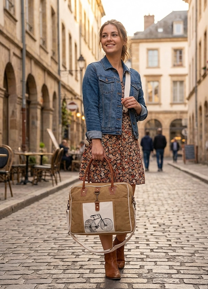 Rajeriya Upcycled Canvas Tote Shoulder Bag for Women, Boho Style Durable Handbag, Spacious Weekend Travel Bag, Light Brown