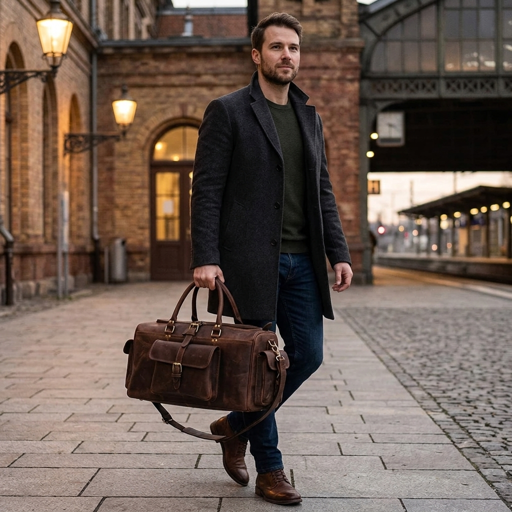 Rajeriya Full Grain Buffalo Leather Duffle Travel Bag, Large Capacity Durable Unisex Leather Bag, Carry-On Weekender Gym & Travel Use, Vintage Brown