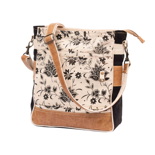 Rajeriya SEL DE MER Canvas & Leather Shoulder Bag, Upcycled Blossom Print Crossbody Bag for Women, Durable Lightweight Everyday Travel Bag, White