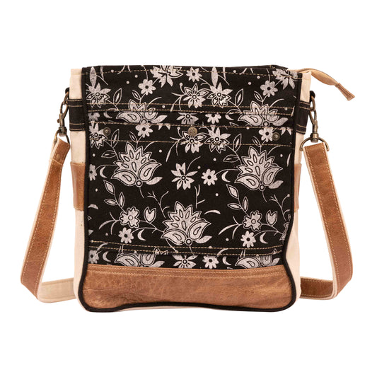 RAJERIYA Bags SEL de MER Upcycled Blossom Print Canvas & Leather Shoulder Bag, Canvas Crossbody Bags for Women (Black)