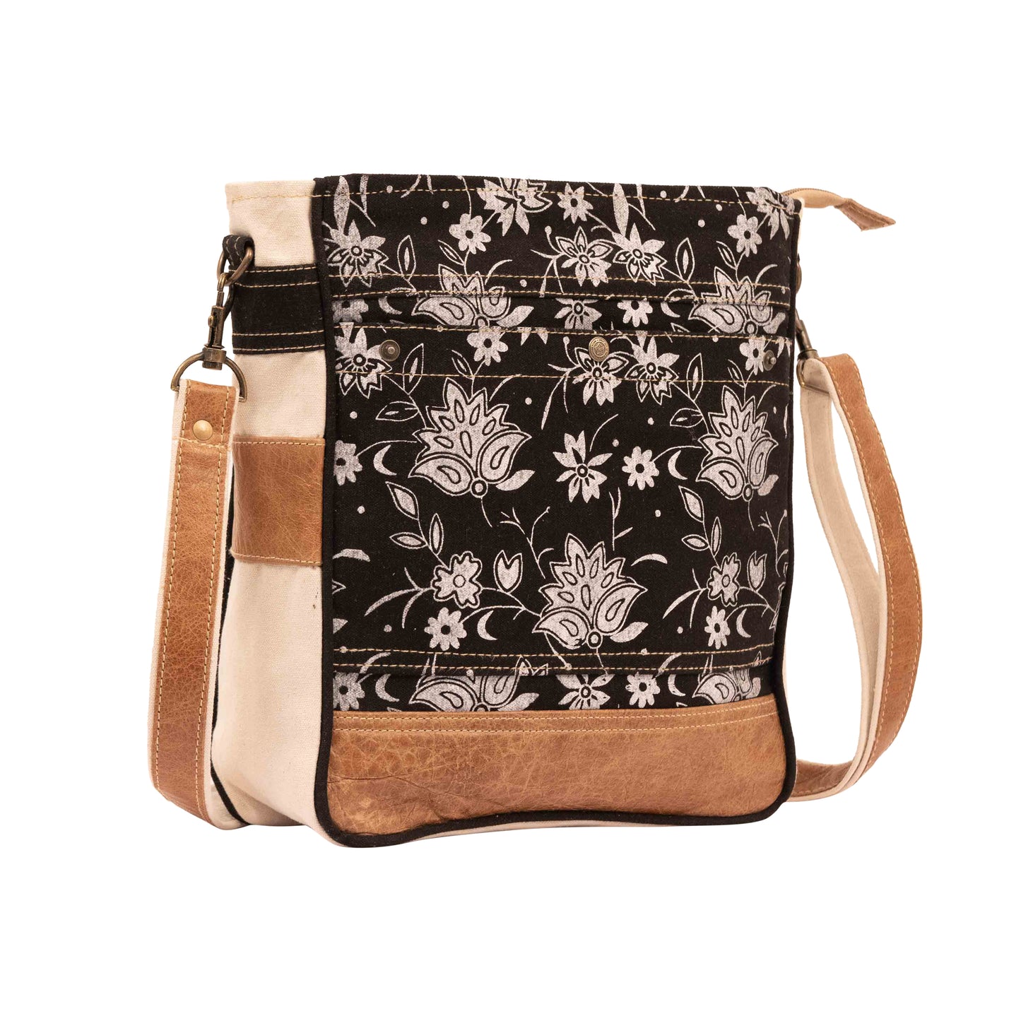 RAJERIYA Bags SEL de MER Upcycled Blossom Print Canvas & Leather Shoulder Bag, Canvas Crossbody Bags for Women (Black)