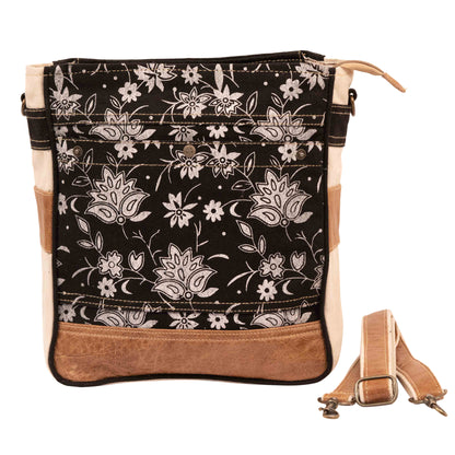 RAJERIYA Bags SEL de MER Upcycled Blossom Print Canvas & Leather Shoulder Bag, Canvas Crossbody Bags for Women (Black)