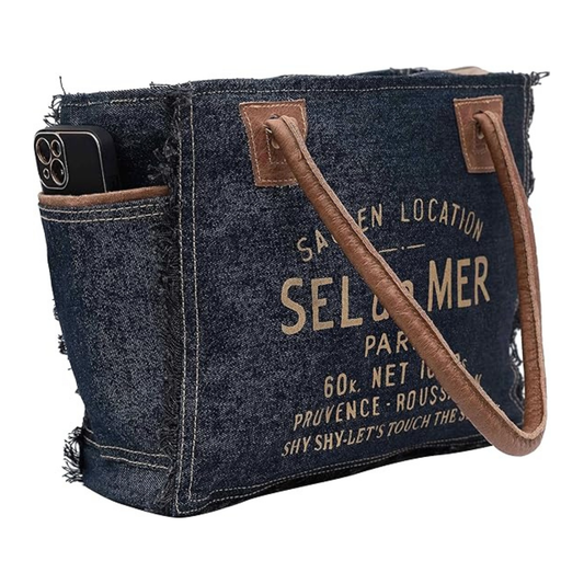 Rajeriya Sel De Mer Upcycled Canvas Tote Bag, Canvas & Cowhide Leather Handbag for Women, Durable Eco-Friendly Design for Daily Use & Travel, Radiant