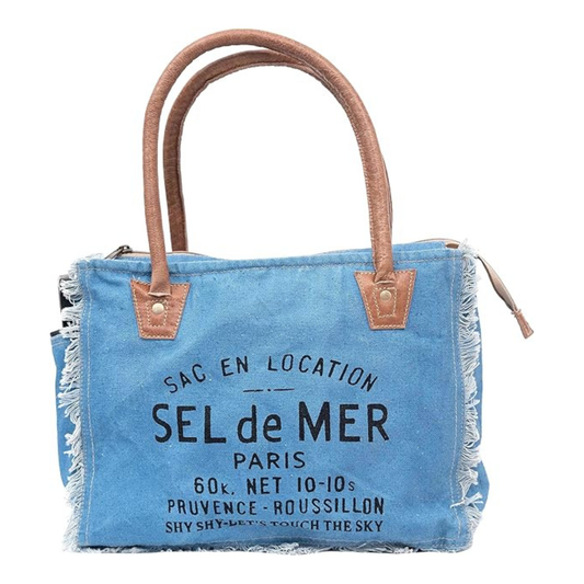 Rajeriya Sel De Mer Upcycled Canvas Tote Bag, Canvas & Cowhide Leather Handbag for Women, Durable Eco-Friendly Design for Daily Use & Travel, Blue