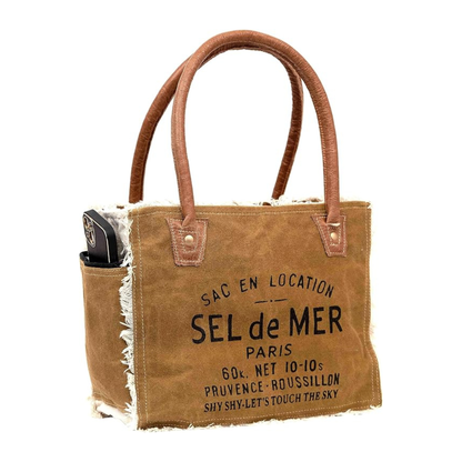 Rajeriya Sel De Mer Upcycled Canvas & Cowhide Tote Bag for Women, Durable Handmade Upcycled Leather Handbag for Daily Use, Brown