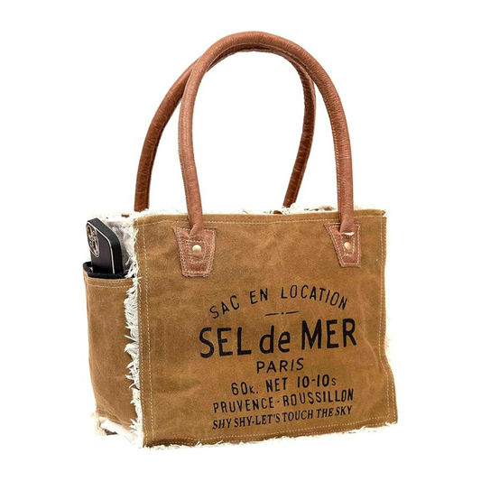 Rajeriya Sel De Mer Upcycled Canvas & Cowhide Tote Bag for Women, Durable Handmade Upcycled Leather Handbag for Daily Use, Brown
