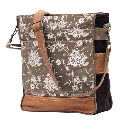 Rajeriya SEL de MER Canvas & Leather Shoulder Bag, Upcycled Blossom Print Crossbody for Women, Durable Lightweight Everyday Travel Bag, Grey Blossom