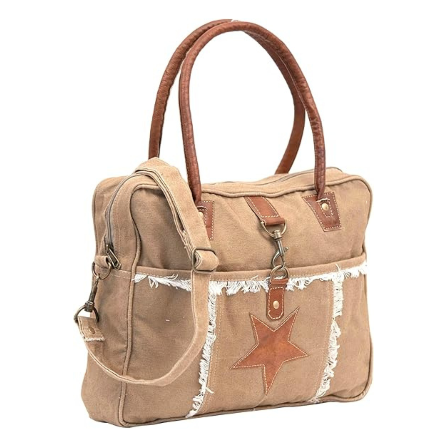 Rajeriya Upcycled Canvas & Cowhide Tote Bag for Women, Boho Handbag, Durable Weekend Travel Bag, White
