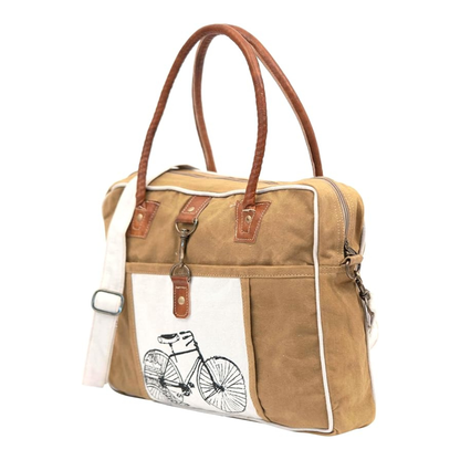 Rajeriya Upcycled Canvas Tote Shoulder Bag for Women, Boho Style Durable Handbag, Spacious Weekend Travel Bag, Light Brown